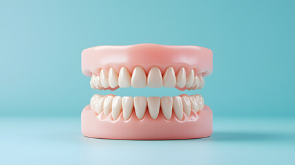 Obraz premium realistic 3D model of dental teeth in pink gum base, showcasing dental anatomy and oral health. This artistic representation highlights importance of dental care and hygiene