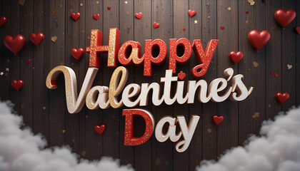 Abstract 3d text, “Happy Valentine’s Day” red and white with golden realistic rendering , 3d presentation, hanging, dark wooden texture background, cloudy