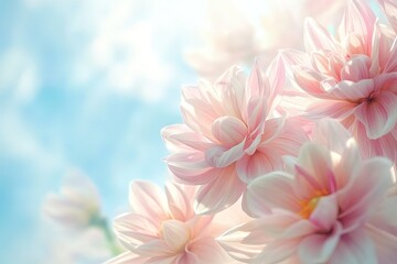 A close-up of pink and cream-colored dahlia flowers swaying gently in the breeze under a bright sunny sky.