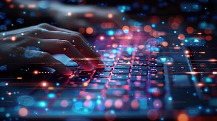 Closeup of Hands Using Keyboard for Instant Messaging with Chat Bubbles Visualized