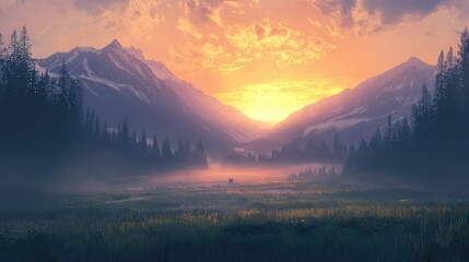 Serene Mountain Landscape at Sunrise with Mist and Soft Light