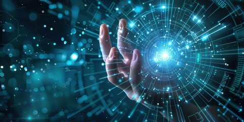 E-procurement visualized.  A hand interacts with a dynamic network of data points and graphs.  Strategic decision-making and transparent digital purchasing for organizations.