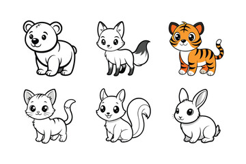Fototapeta premium Little Baby Bear, Fox Cub, Kitten, Squirrel, Rabbit, and Tiger Vector Illustration, Adorable Animal Graphics.