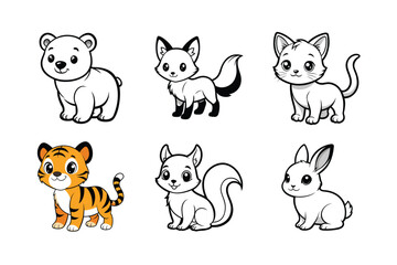 Little Baby Bear, Fox Cub, Kitten, Squirrel, Rabbit, and Tiger Vector Illustration, Adorable Animal Graphics.