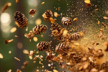 A closeup of Scotch pine pollen being released from cones on a sunny spring day.