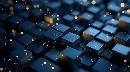 Fototapeta premium Abstract dark blue cubes, glowing particles, technology background, digital art