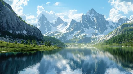 Serene Mountain Lake with Reflections under Blue Sky and Clouds