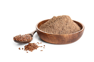 Bowl of flax flour and wooden spoon with seeds on white background