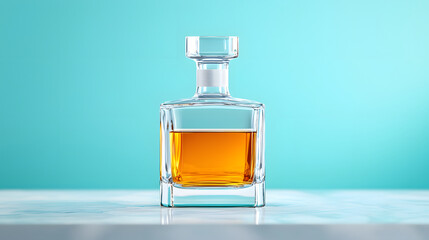 Elegant whiskey decanter showcasing amber liquid against turquoise background, perfect for home bars or special occasions. stylish addition to any collection