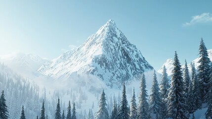 Fototapeta premium Majestic Snow-Capped Mountain Surrounded by Dense Evergreen Forest