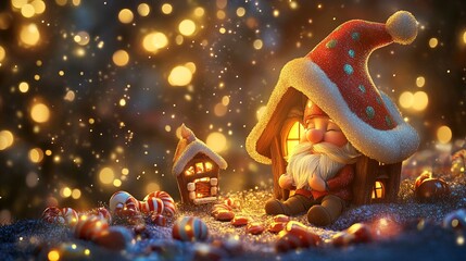 Cozy Christmas Gnome in Gingerbread House with Candy Canes and Festive Lights