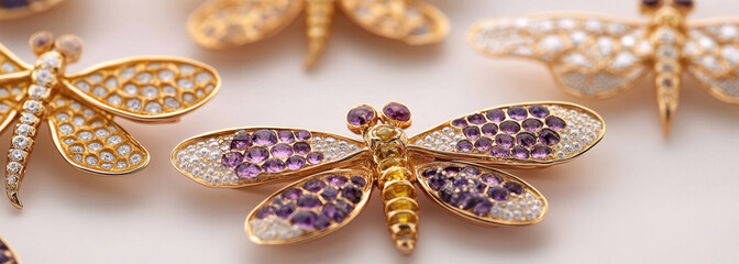 Fototapeta premium A collection of golden dragonfly and butterfly brooches with purple, white, and yellow gemstones on them, each featuring intricate honeycomb patterns.