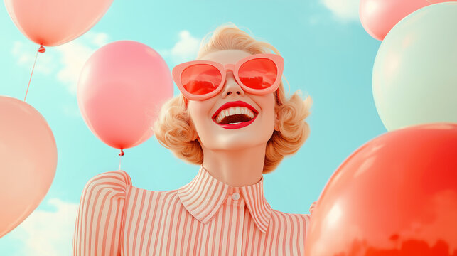 Happy and elegant woman with vintage style clothes, cool sunglasses and pastel balloons. Fashion, birthday, party, Women's Day, celebration concept. AI Generated face.