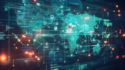 Glowing world map depicts global business network. Interconnected lines and digital data points highlight seamless global communication and collaboration. futuristic digital theme with vibrant edges.