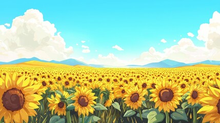 Fototapeta premium Vibrant Sunflower Field Under Blue Sky with Gentle Hills in Background