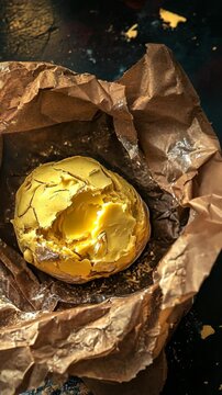 Butterball with cracked surface wrapped in brown paper resting on dark table