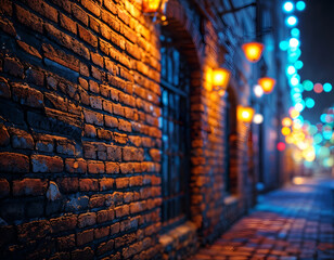 Nightlights on Brick Street: A captivating close-up of a textured brick wall illuminated by warm, inviting streetlights at night, with a softly blurred background hinting at a festive, cobbled street.