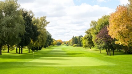 Fototapeta premium Stunning Autumn Golf Course: Fairway, Greens, and Lush Trees