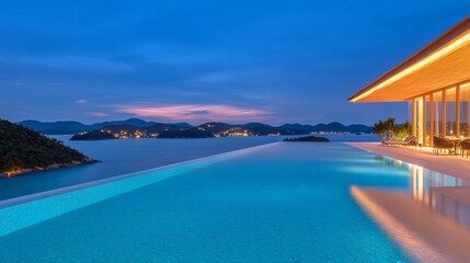 Fototapeta premium Stunning Infinity Pool Villa with Ocean & Island Views at Dusk