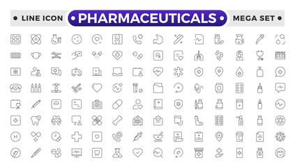 Pharmaceuticals Icon set collection. Set of vector line icons of Medicine and health for web and apps. modern icon and various concepts, Set of flat signs and symbols for web and apps.