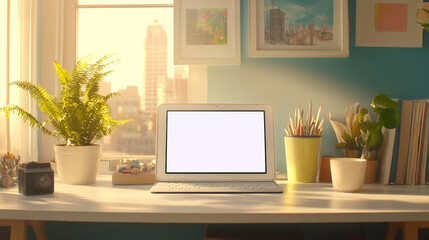 Obraz premium Sunny Workspace: Laptop, Plants & Art Supplies on White Desk
