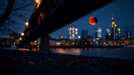 Blood Moon Over Frankfurt Skyline at Night