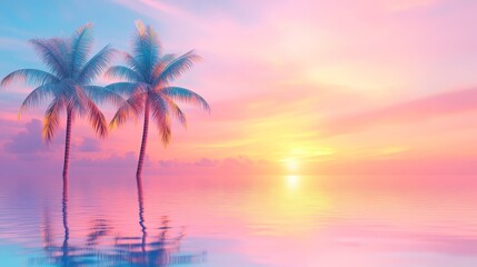 Dreamy Pastel Sunset: Two Palm Trees Reflecting in Calm Ocean Waters