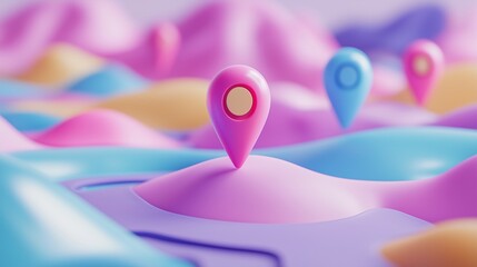 Vibrant pastel-colored location pins representing digital mapping and GPS navigation