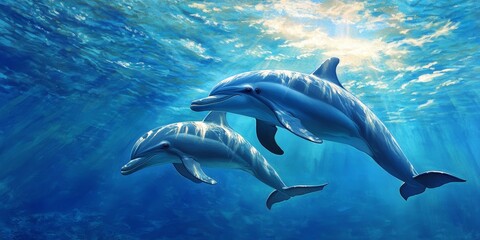 Obraz premium Family of dolphins, including a mother and baby dolphin, gracefully swimming underwater in the clear blue sea. This enchanting scene showcases the beauty of dolphin family dynamics.