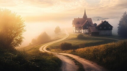 An idyllic rural landscape with a traditional farmhouse, rolling hills, and a winding dirt road under a soft morning light.