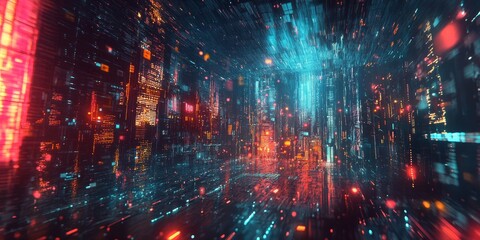 Fototapeta premium Futuristic digital landscape showcasing the breakdown of dynamic data networks through advanced disintegration technology. This highlights the concept of network disintegration.