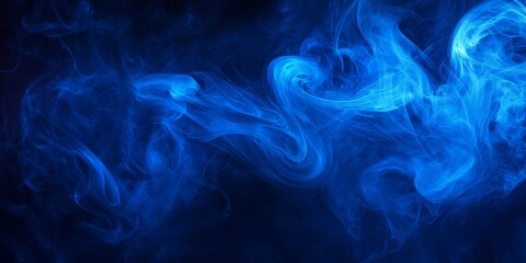 Fototapeta premium Blue abstract smoke curls gracefully on the left side, creating a captivating plume against a dark backdrop. This blue abstract smoke art invokes a sense of mystery and elegance.