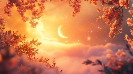 Fototapeta premium Serene Sunset Sky With Crescent Moon And Blossoming Branches