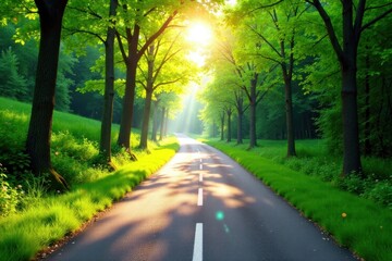 Fototapeta premium Bright spring sunlight illuminates winding road, lush greenery surrounds, trees, landscape, beautiful
