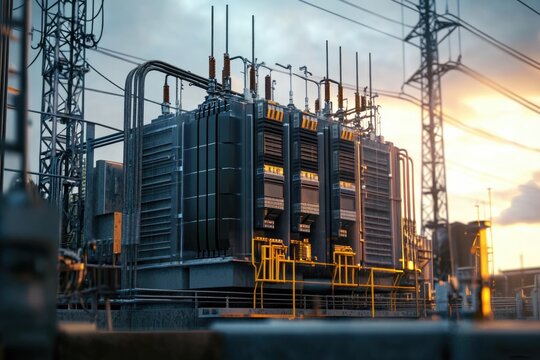 Electrical power transformer in high voltage substation.