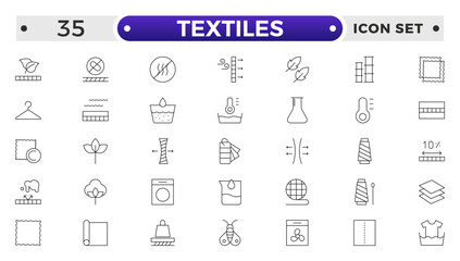 Textiles outline icon. Fabric features line icon set. Fabric, textile material, cotton, leather, silk, synthetics, wool, bamboo, waterproof, windproof and others. Outline vector icon in linear style.