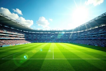 Grand stadium in sunlight with lush green grass and baseball fields , landscape, sports
