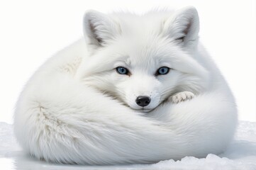 Fototapeta premium Adorable arctic fox curled up, white fur, blue eyes, snow.