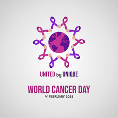 Fototapeta premium Pink Purple World Cancer Day 4th February 2025 Concept Design with Shaking Hand Ribbon Holding World Illustration. World Cancer Day 2025 Vector Illustration.