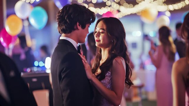 Young couple laughing and dancing at a prom or homecoming event, surrounded by lights, colorful decorations, and a festive atmosphere, celebrating a memorable night. Video made using Generative AI.