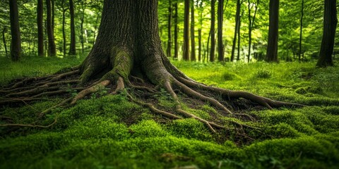 Fototapeta premium In a forest setting, there is vibrant, lush green grass covering the ground, with tree roots visibly protruding from the earth. The scene highlights both greenery and rooting.