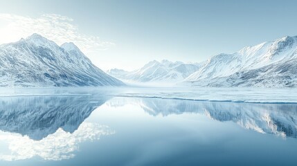 Serene Winter Landscape with Mountains and Reflective Ice Lake