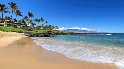 Fototapeta premium A panoramic view of a serene beach with gentle waves lapping the shore, palm trees swaying in the breeze under a clear sky.