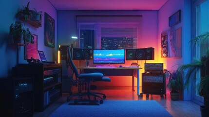 Creative music production studio with vibrant lighting