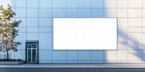 Obraz premium Blank advertisement space at a contemporary building exterior creates opportunities for impactful advertising. This modern building features a prominent blank advertisement area for creative