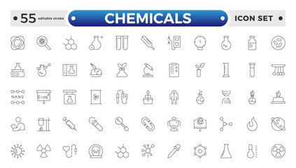 Chemicals outline icons - flask, lab tube, scientist, dropper, petri dish, beaker, experiment, education, biotechnology. Thin line art about laboratory research.  Editable stroke outline icon.
