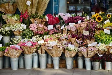 Outdoor buckets of flowers for sale at florist