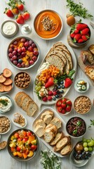 Vibrant Breakfast Spread with Fruits, Bread, and Yogurt on a Table