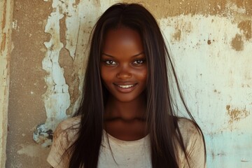 Fototapeta premium Commercial ad idea. Long haircut - straight hair. Lovely smiling black girl - for ads, brochure and social media use. Afro-american beauty portraits. Black model shoot. Elegant black woman.