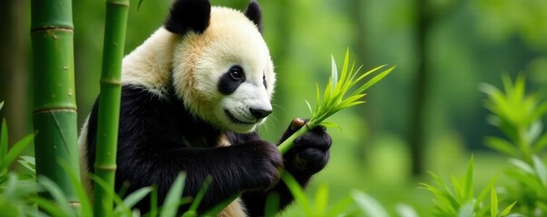Obraz premium Giant panda meticulously stripping bamboo leaves , relaxed, adorable, photography
